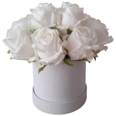 Flower box róże białe w białym welurowym pudełku S