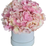 Flower box hortensje różowe w białym welurowym pudełku S