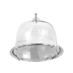 Srebrna okrągła patera ze szklanym kloszem 30cm