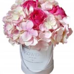 Flower box hortensje różowe i róże fuksja S