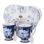 Komplet 2 kubków porcelanowych z łyżeczkami niebieskie granatowe kwiaty