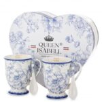 Komplet 2 kubków porcelanowych z łyżeczkami niebieskie kwiaty