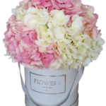 Flower box hortensje jasnozielone i różowe w jasnoszarym pudełku M