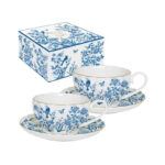 Easy Life 2 porcelanowe filiżanki ze spodkami espresso niebieskie kwiaty ptaki