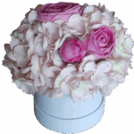 Flower box jasnoróżowe hortensje róże fuksja S